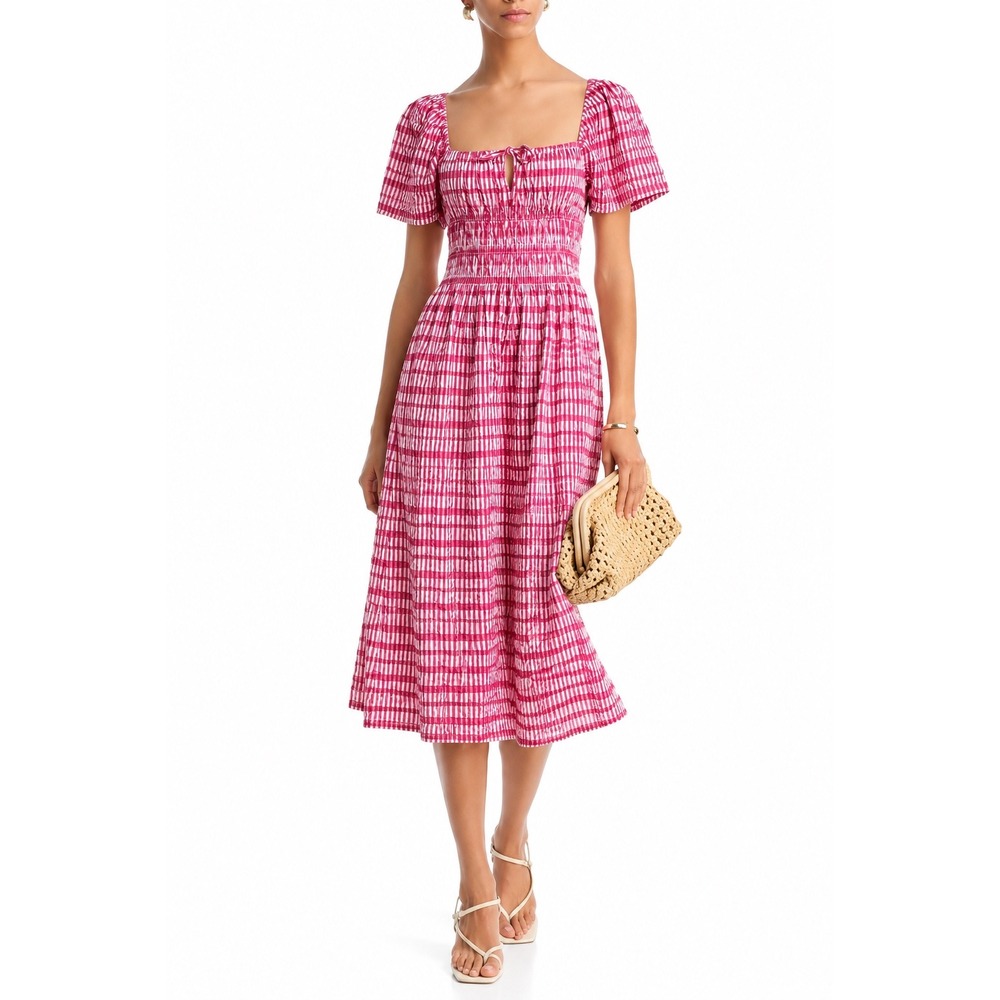 Ciao Lucia Fiorella Dress XXS Hot Pink Gingham Smocked Waist Cottagecore Midi
